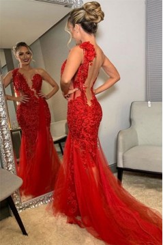 Long Red Mermaid One Shoulder Lace Prom Dress Formal Evening Gowns 901364