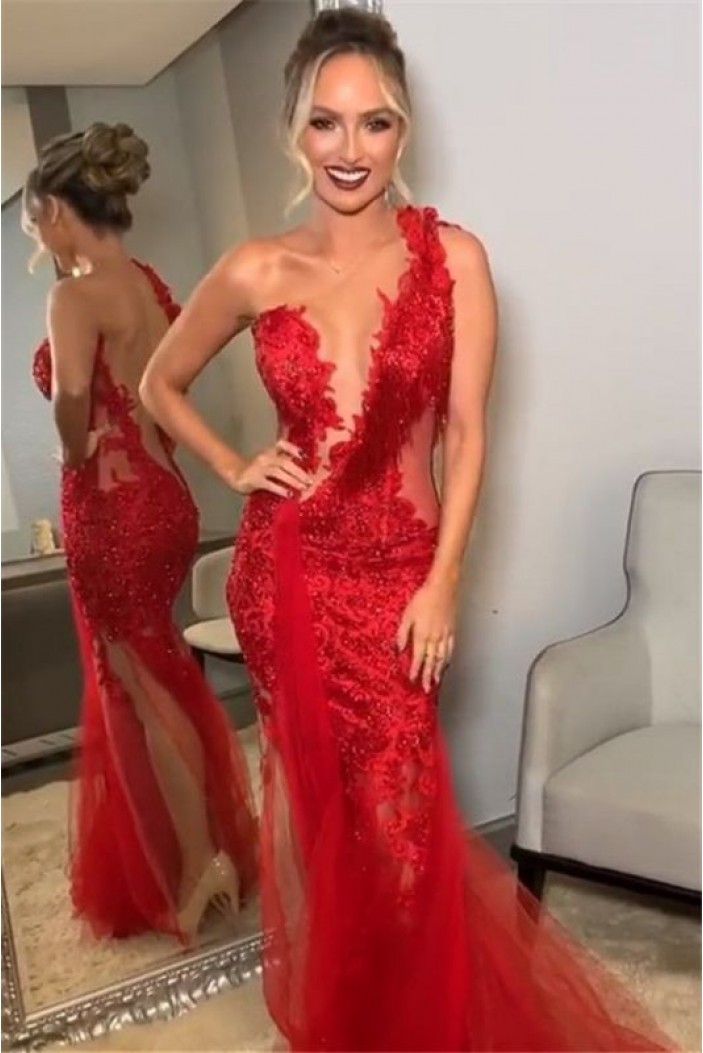 Long Red Mermaid One Shoulder Lace Prom Dress Formal Evening Gowns 901364