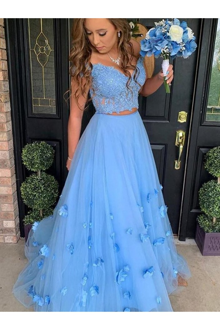 A-Line Long Blue Two Pieces Lace Tulle Prom Dress Formal Evening Gowns 901371