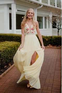 Long Yellow Embroidered Chiffon Prom Dress Formal Evening Gowns 901388