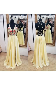 Long Yellow Embroidered Chiffon Prom Dress Formal Evening Gowns 901388