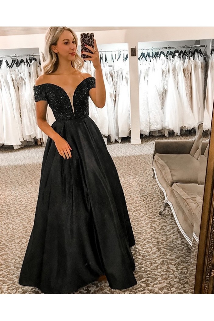 Long Black Off the Shoulder Prom Dress Formal Evening Gowns 901410
