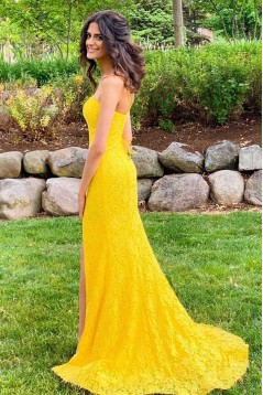 Long Yellow Lace Spaghetti Straps Prom Dress Formal Evening Gowns 901444