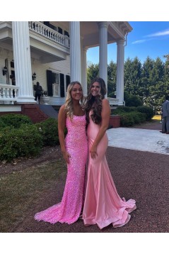 Long Pink Spaghetti Straps Sequin Prom Dress Formal Evening Gowns 901461