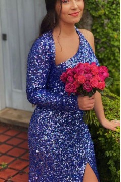 Long Royal Blue One Shoulder Sequin Prom Dress Formal Evening Gowns 901471