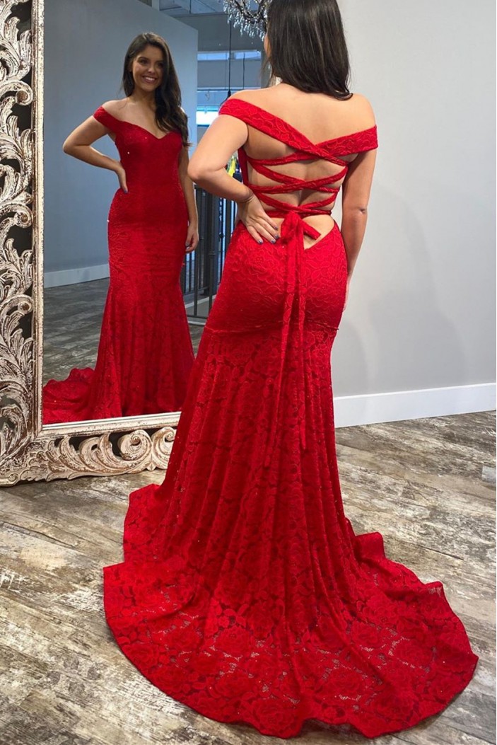 Long Red Lace Off the Shoulder Prom Dress Formal Evening Gowns 901497