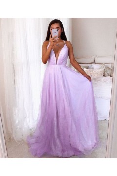 A-Line Tulle V Neck Prom Dress Formal Evening Gowns 901507
