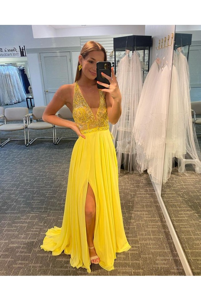 Long Yellow Chiffon Beaded Prom Dress Formal Evening Gowns 901520