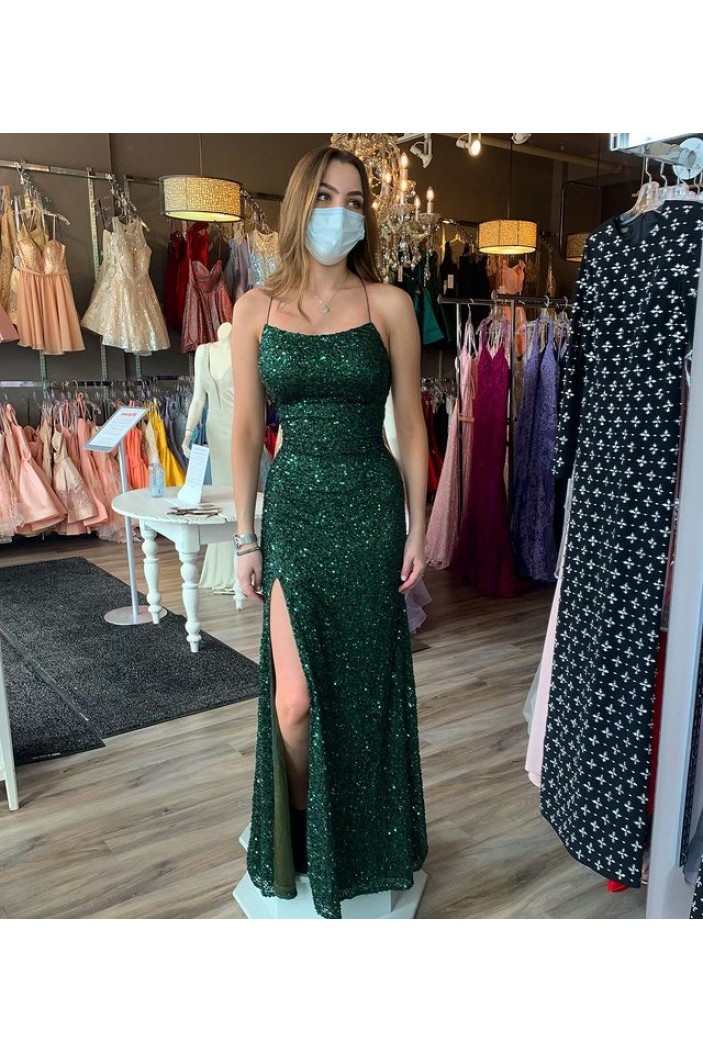 Long Green Sheath Sequin Prom Dress Formal Evening Gowns 901521