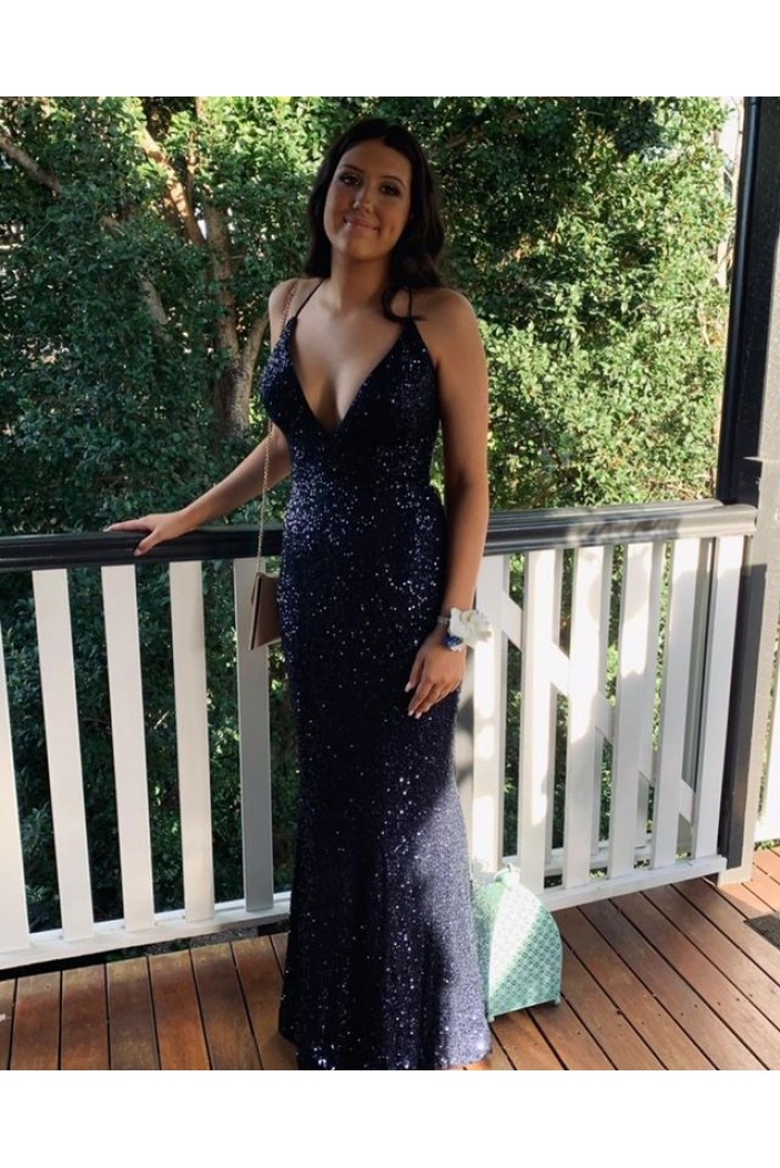 Long Navy Blue Sequin Prom Dress Formal Evening Gowns 901522