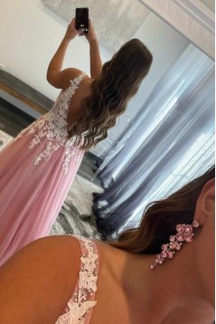 A-Line Long Pink Lace and Tulle Prom Dresses Formal Evening Gowns 901525