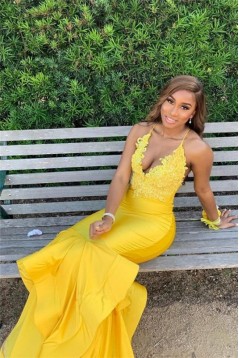 Long Yellow Mermaid Lace Prom Dress Formal Evening Gowns 901528