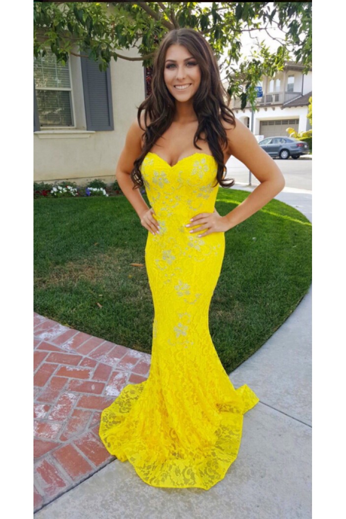 Mermaid Long Yellow Lace Prom Dresses Formal Evening Gowns 901530