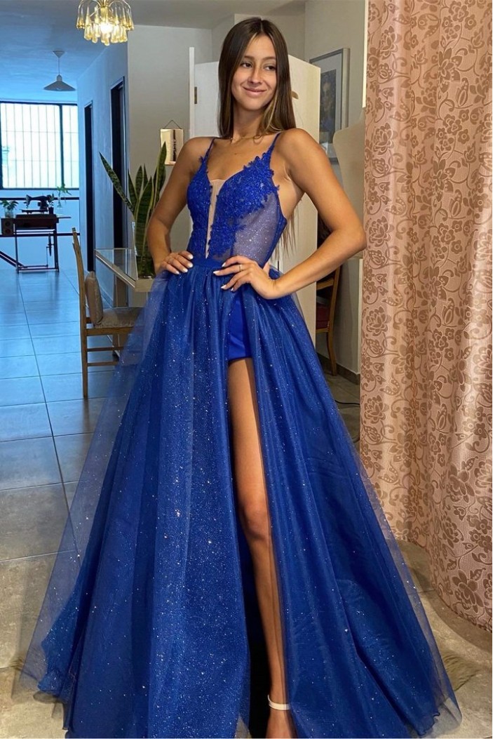 Long Royal Blue Lace and Tulle Prom Dresses Formal Evening Gowns 901531