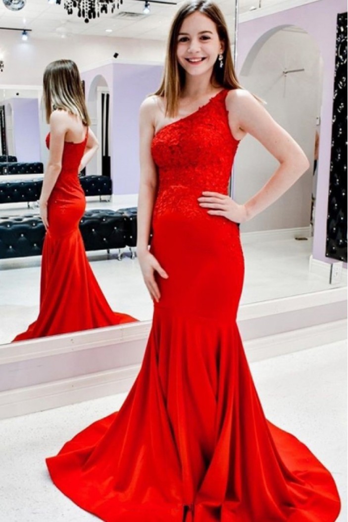 Mermaid One Shoulder Long Red Prom Dresses Formal Evening Gowns 901564