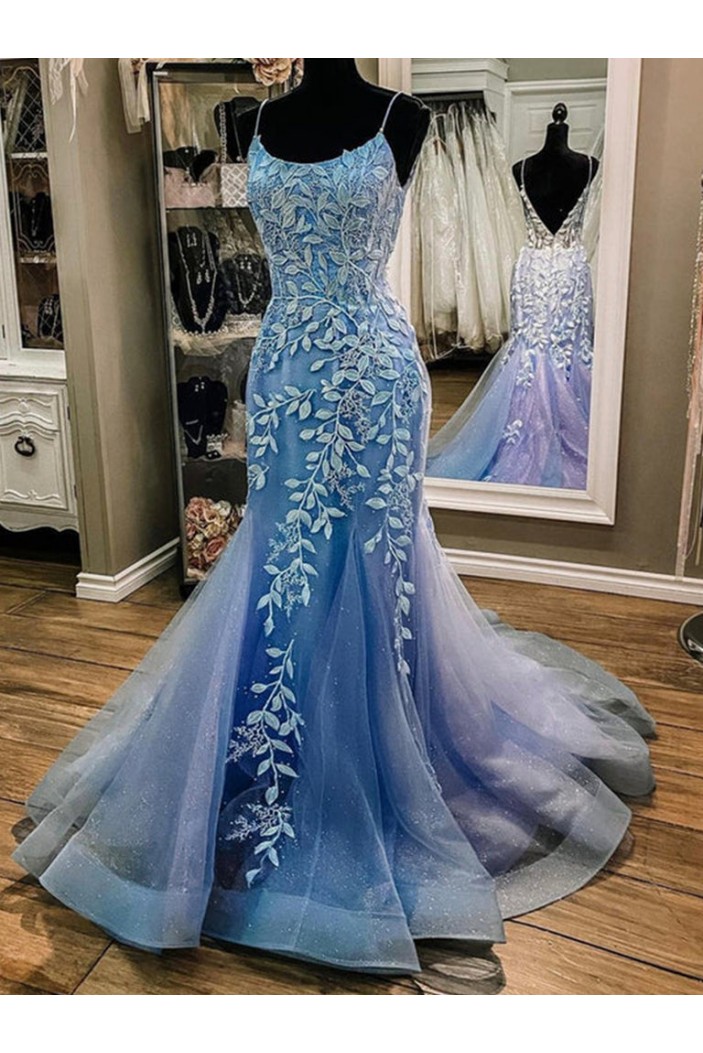 Long Blue Mermaid Lace and Tulle Prom Dresses Formal Evening Gowns 901587