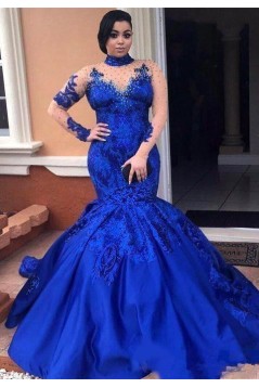 Long Royal Blue Mermaid Beaded Lace Prom Dresses Formal Evening Gowns 901594