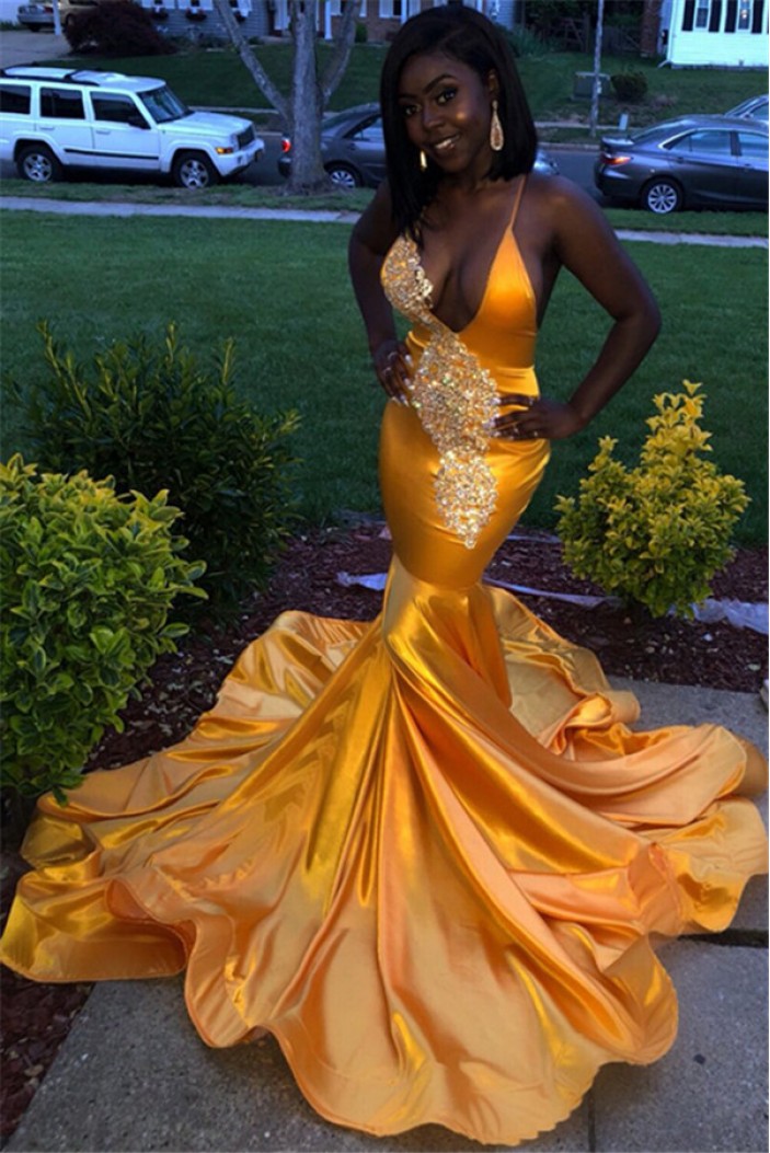 Long Yellow Mermaid Lace Prom Dresses Formal Evening Gowns 901595