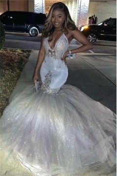 Long White Mermaid Sparkle Lace Prom Dresses Formal Evening Gowns 901599
