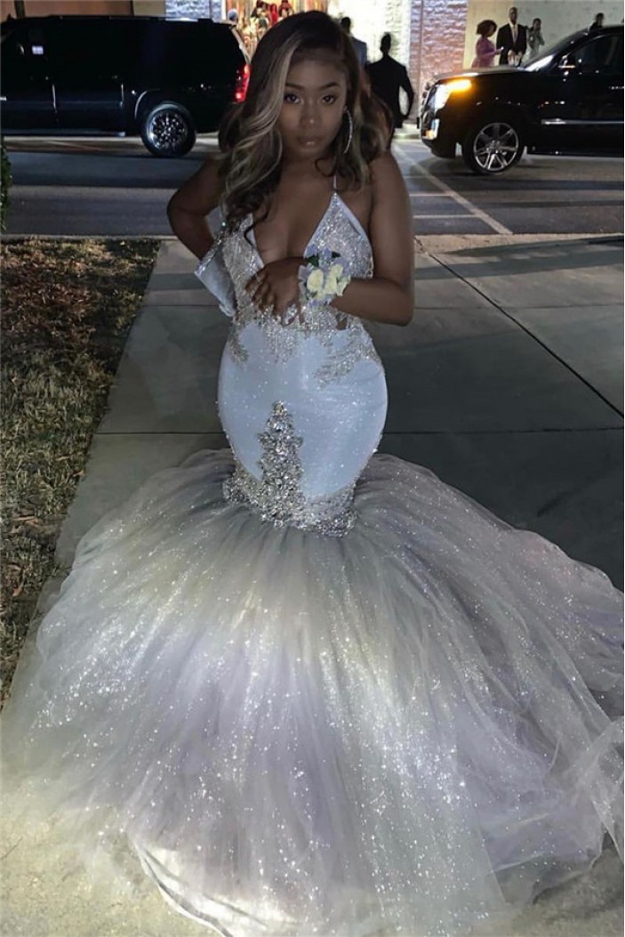 Long White Mermaid Sparkle Lace Prom Dresses Formal Evening Gowns 901599