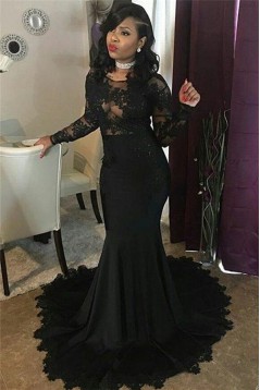 Long Black Mermaid Lace Prom Dresses Formal Evening Gowns 901603