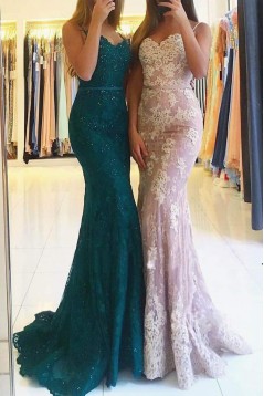 Mermaid Spaghetti Straps Long Lace Beaded Prom Dresses Formal Evening Gowns 901608