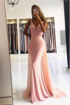 Long Pink Beaded Mermaid Prom Dresses Formal Evening Gowns 901612