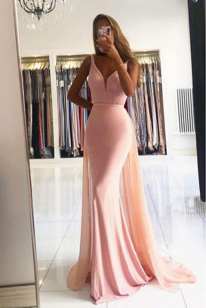 Long Pink Beaded Mermaid Prom Dresses Formal Evening Gowns 901612