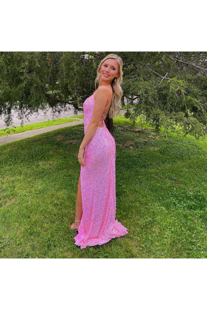 Long Pink Sequin Prom Dresses Formal Evening Gowns 901632