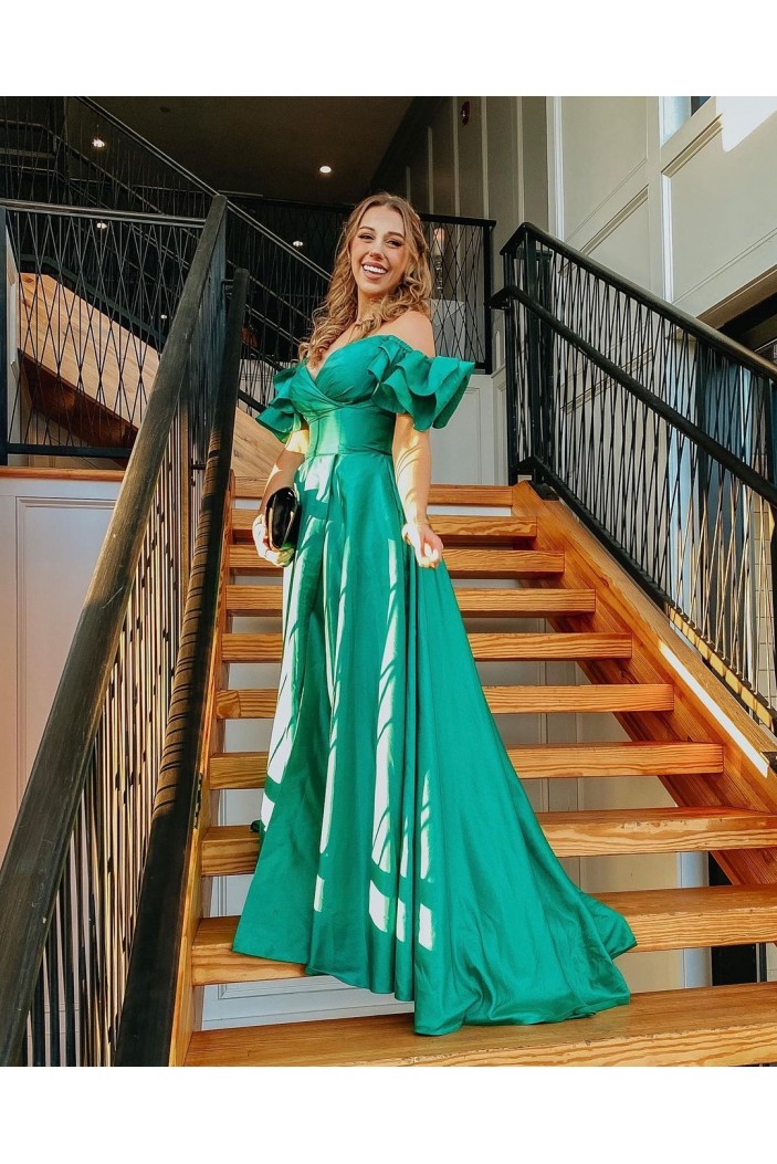 A-Line Long Green Off the Shoulder Prom Dresses Formal Evening Gowns 901638