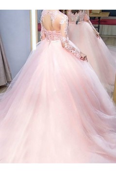 Long Pink Lace and Tulle Prom Dresses Formal Evening Gowns 901666