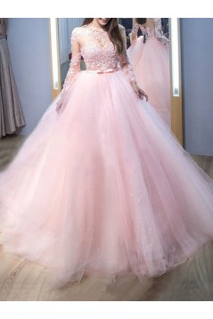 Long Pink Lace and Tulle Prom Dresses Formal Evening Gowns 901666