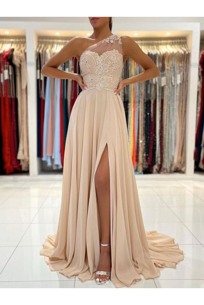 Long Chiffon and Lace One Shoulder Prom Dresses Formal Evening Gowns 901673