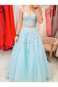 Long Blue Two Pieces Lace Prom Dresses Formal Evening Gowns 901677