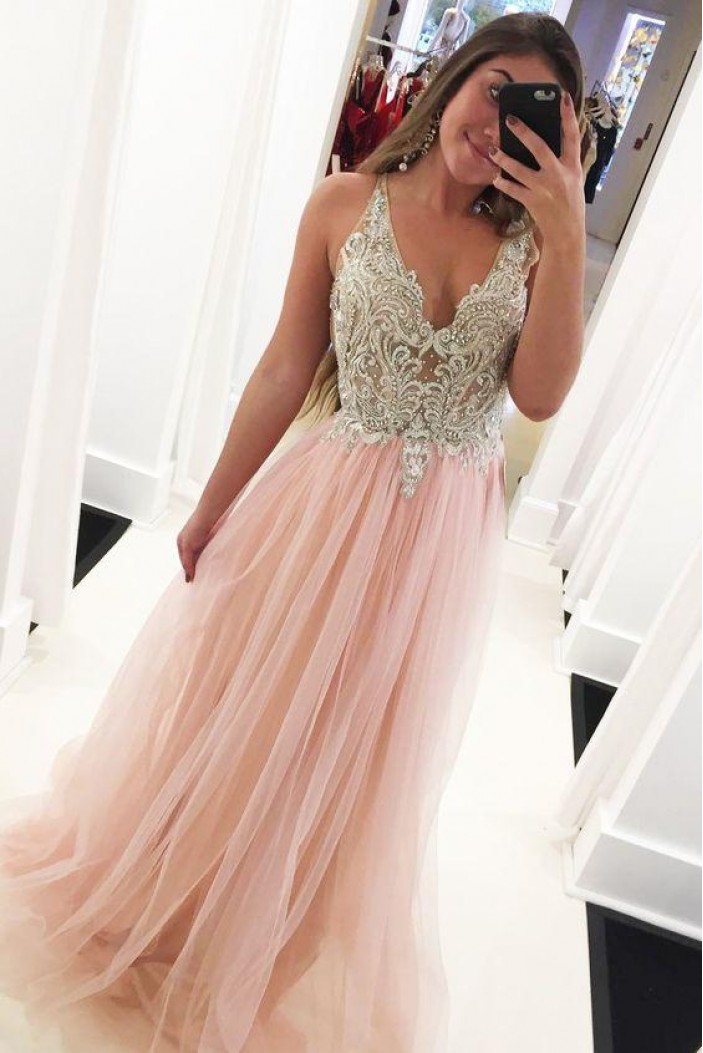 Long Pink Lace and Tulle Prom Dresses Formal Evening Gowns 901685