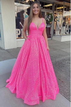 Long Pink Sparkle Sequins Prom Dresses Formal Evening Gowns 901729