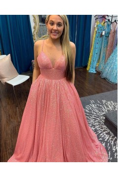 Long Pink Sparkle Sequins Prom Dresses Formal Evening Gowns 901729