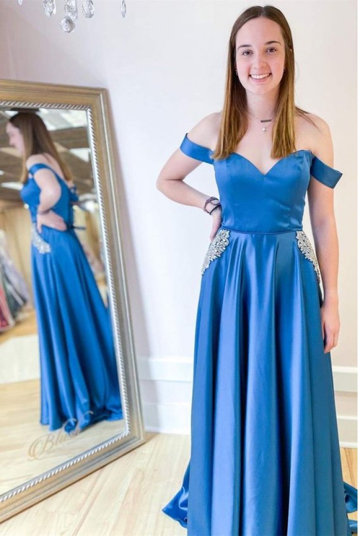Long Blue Off the Shoulder Prom Dresses Formal Evening Gowns 901738