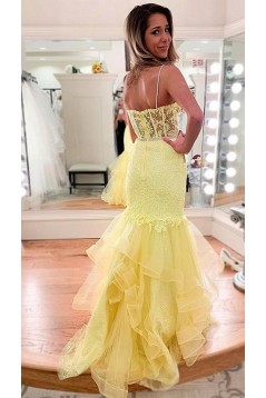 Long Yellow Mermaid Lace Prom Dresses Formal Evening Gowns 901740