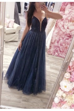 Long Navy Blue Tulle Sparkle Prom Dresses Formal Evening Gowns 901748