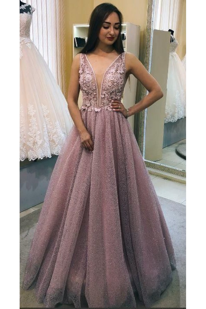 A-Line Lace and Tulle Long Prom Dresses Formal Evening Gowns 901753