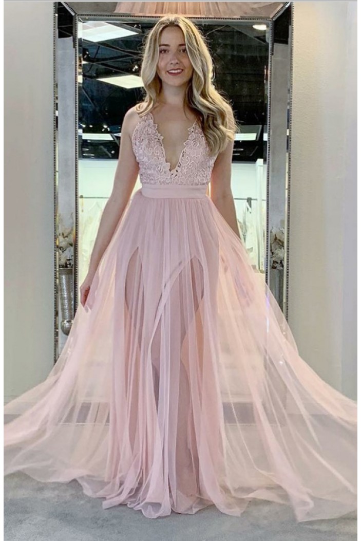 A-Line Lace and Tulle Long Pink Prom Dresses Formal Evening Gowns 901754