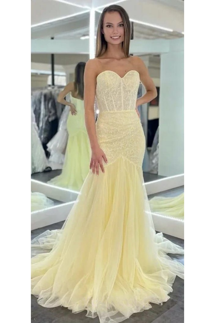 Long Yellow Mermaid Lace Sweetheart Prom Dresses Formal Evening Gowns 901766