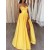 A-Line Long Yellow High Split Spaghetti Strap Sleeveless Satin Prom Dresses Formal Evening Gowns 901820