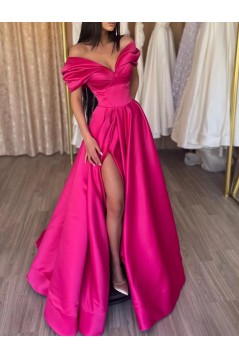 A-Line Evening Dresses Floor Length Short Sleeve Off Shoulder Satin Long Prom Dresses with Slit 901822