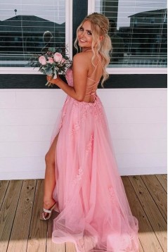 Long Pink Lace and Tulle Prom Dresses Formal Evening Gowns with Slit 901824