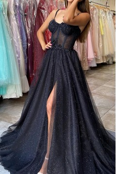 A-Line Spaghetti Straps Lace Appliques Sparkly Black Prom Dresses Formal Evening Gowns 901833