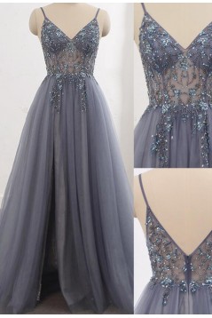 A-Line Beaded Tulle V Neck Prom Dresses Formal Evening Gowns 901843