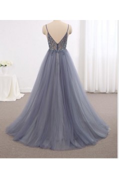 A-Line Beaded Tulle V Neck Prom Dresses Formal Evening Gowns 901843