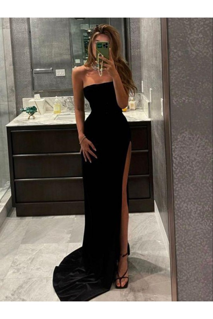 Long Black Strapless Prom Dresses Formal Evening Gowns with High Slit 901847